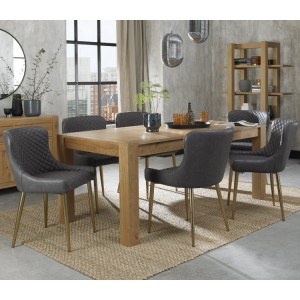Bentley Designs Turin Light Oak 6-10 Seater Dining Table With 8 Cezanne Dark Grey Faux Matt Gold Plated Legs Chairs