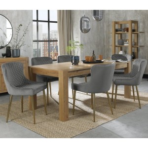 Bentley Designs Turin Light Oak 6-10 Seater Dining Table With 8 Cezanne Grey Velvet Matt Gold Plated Legs Chairs