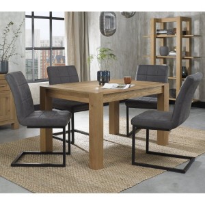 Bentley Designs Turin Light Oak 4-6 Seater Rectangular Dining Table With 4 Lewis Distressed Dark Grey Fabric Cantilever Chairs