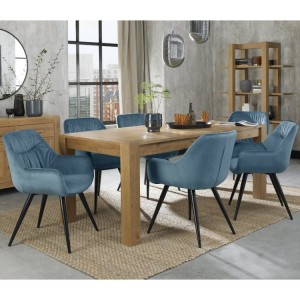 Bentley Designs Turin Light Oak Large 6-8 Seater Rectangular Dining Table With 6 Dali Petrol Blue Velvet Fabric Chairs