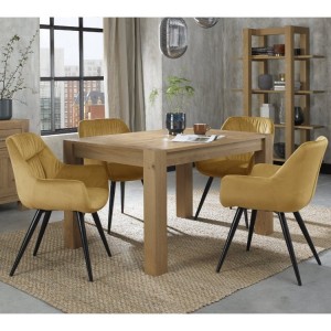 Bentley Designs Turin Light Oak 4-6 Seater Dining Table With 4 Dali Mustard Velvet Fabric Chairs