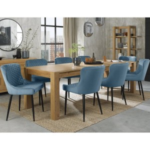 Bentley Designs Turin Light Oak 6-10 Seater Dining Table With 8 Cezanne Petrol Blue Velvet Fabric Chairs