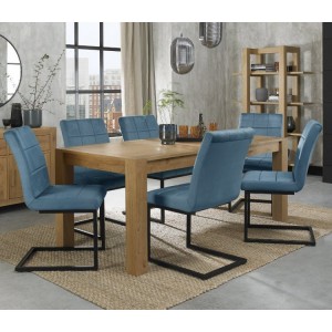 Bentley Designs Turin Light Oak 6-10 Seater Dining Table With 6 Lewis Petrol Blue Velvet Cantilever Chairs