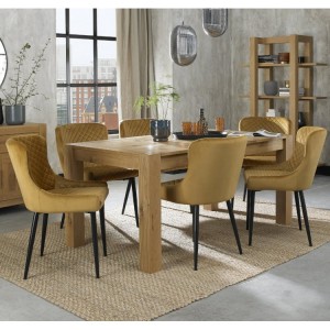 Bentley Designs Turin Light Oak 6-8 Seater Rectangular Dining Table With 6 Cezanne Mustard Velvet Fabric Chairs