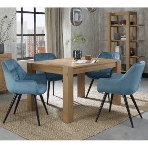 Bentley Designs Turin Light Oak 4-6 Seater Dining Table With 4 Dali Petrol Blue Velvet Fabric Chairs