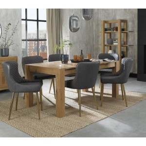 Bentley Designs Turin Light Oak 6-8 Seater Dining Table With 6 Cezanne Dark Grey Faux Matt Gold Plated Legs Chairs