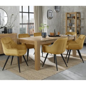 Bentley Designs Turin Light Oak Large 6-8 Seater Rectangular Dining Table With 6 Dali Mustard Velvet Fabric Chairs