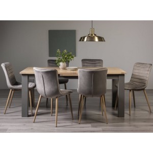 Bentley Designs Oakham Scandi Oak 6-8 Seater Rectangular Dining Table With 6 Eriksen Grey Velvet Fabric Chairs