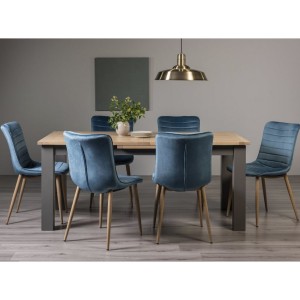 Bentley Designs Oakham Scandi Oak 6-8 Seater Rectangular Dining Table With 6 Eriksen Petrol Blue Velvet Fabric Chairs