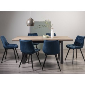 Bentley Designs Tivoli Weathered Oak 6-8 Seater Dining Table With 6 Seurat Blue Velvet Fabric Chairs