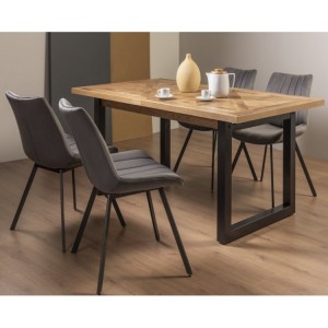 Bentley Designs Indus Rustic Oak 4-6 Seater Dining Table with 4 Fontana Grey Velvet Fabric Chairs