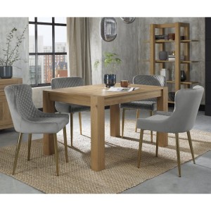 Bentley Designs Turin Light Oak 4-6 Seater Dining Table With 4 Cezanne Grey Velvet Fabric Gold Plated Chairs
