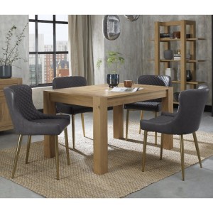 Bentley Designs Turin Light Oak 4-6 Seater Dining Table With 4 Cezanne Dark Grey Faux Matt Gold Plated Chairs