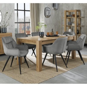 Bentley Designs Turin Light Oak 6-8 Seater Rectangular Dining Table With 6 Dali Grey Velvet Fabric Chairs
