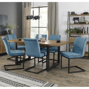 Bentley Designs Indus Rustic Oak 6-8 Seater Dining Table with 6 Lewis Petrol Blue Velvet Cantilever Chairs
