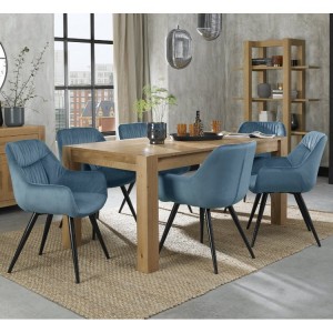 Bentley Designs Turin Light Oak 6-8 Seater Rectangular Dining Table With 6 Dali Petrol Blue Velvet Fabric Chairs