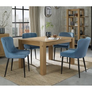 Bentley Designs Turin Light Oak 4-6 Seater Rectangular Dining Table With 4 Cezanne Petrol Blue Velvet Fabric Chairs