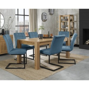 Bentley Designs Turin Light Oak 6-8 Seater Dining Table With 6 Lewis Petrol Blue Velvet Cantilever Chairs