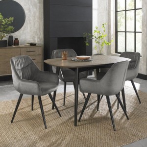 Bentley Designs Vintage Weathered Oak 4 Seater Oval Dining Table with 4 Dali Grey Velvet  Fabric Chairs
