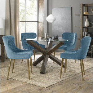 Bentley Designs Turin Clear 4 Seater Dining Table with 4 Cezanne Petrol Blue Velvet Gold Plated Legs Chairs