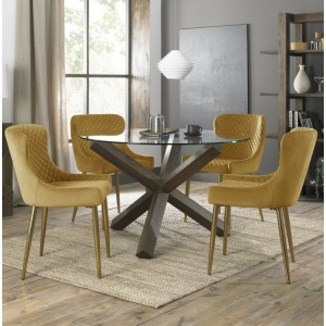 Bentley Deigns Turin Clear 4 Seater Dining Table with 4 Cezanne Mustard Velvet Gold Plated Legs Chairs