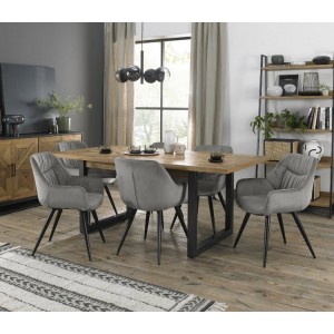 Bentley Designs Indus Rustic Oak 6-8 Seater Dining Table With 6 Dali Grey Velvet Fabric Chairs