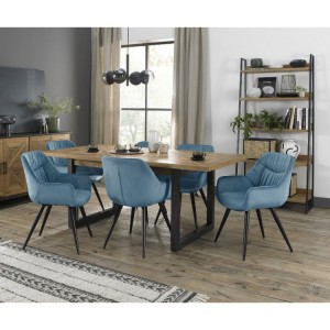 Bentley Designs Indus Rustic Oak 6-8 Seater Dining Table With 6 Dali Petrol Blue Velvet Fabric Chairs