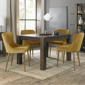 Bentley Designs Turin Dark Oak 4-6 Seater Dining Table With 4 Cezanne Mustard Velvet Matt Gold Plated Legs Chairs