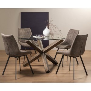 Bentley Designs Turin Clear Tempered Glass 4 Seater Dark Oak Legs Dining Table With 4 Fontana TanFaux Suede Fabric Chairs