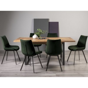 Bentley Designs Indus Rustic Oak 6-8 Seater Dining Table With 6 Fontana Green Velvet Fabric Chairs