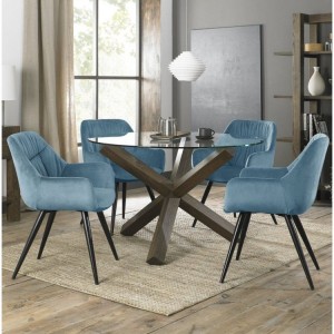 Bentley Designs Turin Clear Tempered Glass 4 Seater Dark Oak Legs Dining Table With 4 Dali Petrol Blue Velvet Fabric Chairs