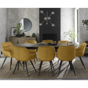 Bentley Designs Vintage Weathered Oak 6-8 Seater Oval Dining Table with 8 Dali Mustard Velvet Fabric Chairs