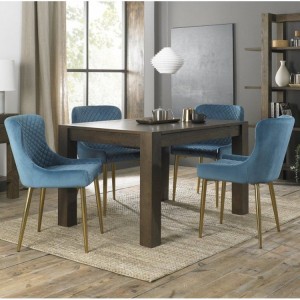 Bentley Designs Turin Dark Oak 4-6 Seater Dining Table With 4 Cezanne Petrol Blue Velvet Matt Gold Plated Legs Chairs
