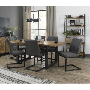 Bentley Designs Indus Rustic Oak 6-8 Seater Dining Table with 6 Lewis Distressed Dark Grey Fabric Cantilever Chairs