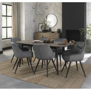 Bentley Designs Vintage Weathered Oak 6 Seater Oval Dining Table with 6 Dali Grey Velvet Fabric Chairs
