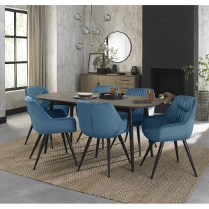 Bentley Designs Vintage Weathered Oak 6 Seater Oval Dining Table with 6 Dali Petrol Blue Velvet Fabric Chairs