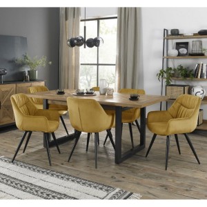 Bentley Designs Indus Rustic Oak 6-8 Seater Dining Table With 6 Dali Mustard Velvet Fabric Chairs