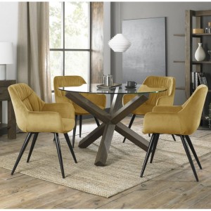 Bentley Designs Turin Clear Tempered Glass 4 Seater Dark Oak Legs Dining Table With 4 Dali Mustard Velvet Fabric Chairs
