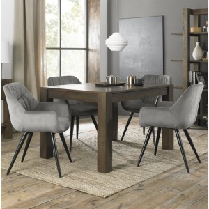 Bentley Designs Turin Dark Oak 4-6 Seater Dining Table With 4 Dali Grey Velvet Fabric Chairs
