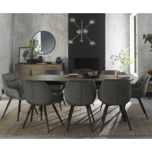 Bentley Designs Vintage Weathered Oak 6-8 Seater Oval Dining Table with 8 Dali Grey Velvet Fabric Chairs