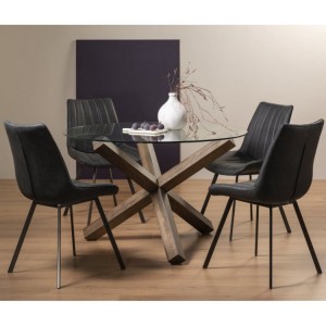 Bentley Designs Turin Clear Tempered Glass 4 Seater Dark Oak Legs Dining Table With 4 Fontana Dark Grey Faux Suede Fabric Chairs