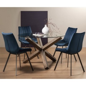 Bentley Designs Turin Clear Tempered Glass 4 Seater Dark Oak Legs Dining Table With 4 Fontana Blue Velvet Fabric Chairs