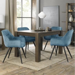 Bentley Designs Turin Dark Oak 4-6 Seater Dining Table With 4 Dali Petrol Blue Velvet Fabric Chairs