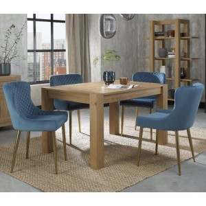 Bentley Designs Turin Light Oak 4-6 Seater Dining Table With 4 Cezanne Petrol Blue Velvet Fabric Gold Plated Chairs