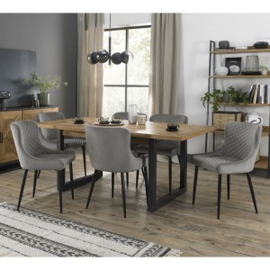 Bentley Designs Indus Rustic Oak 6-8 Seater Dining Table With 6 Cezanne Grey Velvet Fabric Chairs
