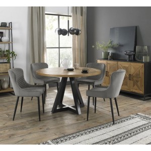 Bentley Designs Indus Rustic Oak 4 Seater Round Dining Table With 4 Cezanne Grey Velvet Fabric Chairs