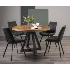 Bentley Designs Indus Rustic Oak 4 Seater Round Dining Table With 4 Fontana Dark Grey Faux Suede Fabric Chairs