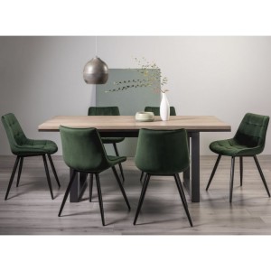 Bentley Designs Tivoli Weathered Oak 6-8 Seater Dining Table With 6 Seurat Green Velvet Fabric Chairs