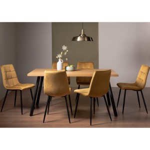 Bentley Designs Ramsay Rustic Oak Effect Melamine 6 Seater Dining Table With 6 Mondrian Mustard Velvet Fabric Chairs