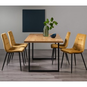 Bentley Designs Ramsay Rustic Oak Effect Melamine 6 Seater U Leg Dining Table With 4 Mondrian Mustard Velvet Fabric Chairs
